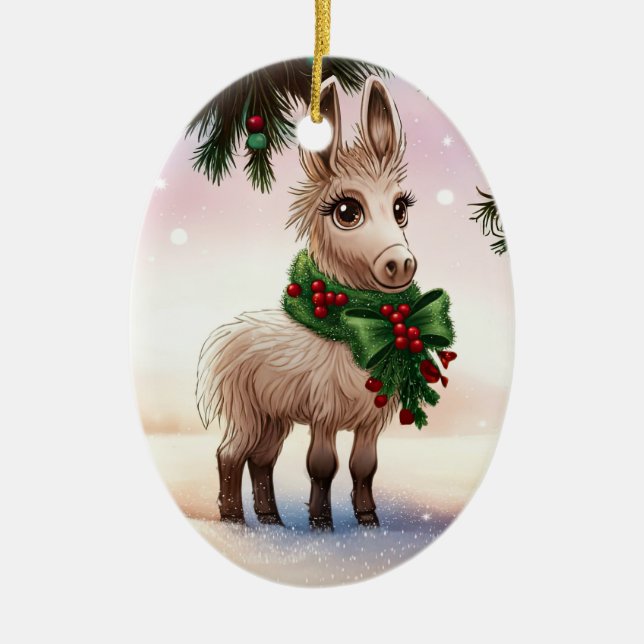 Darling Donkey Christmas Wreath Holiday Ceramic Tree Decoration (Front)