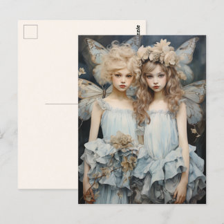 Darling Fairies Blue Satin Dress Pretty Wings  Postcard