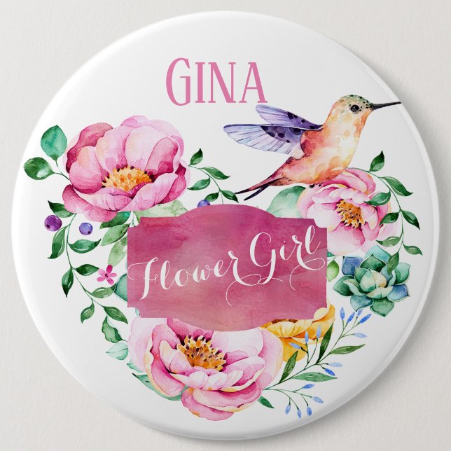 Darling Hummingbird Floral Pink Flower Girl 6 Cm Round Badge (Front)