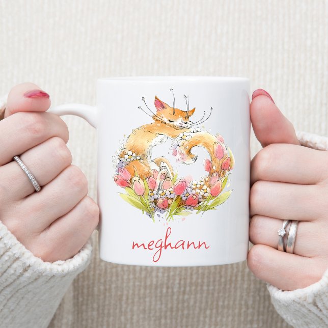 Darling Kitty Cat with Pink Tulips Personalised Two-Tone Coffee Mug (Creator Uploaded)