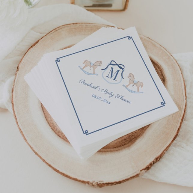 Darling Monogram Rocking Horse Baby Shower Party Napkin (Smart monogram crest rocking horse baby shower napkins with dark blue accents)
