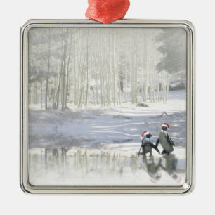 Darling Penguins Ice Skating Holiday Metal Tree Decoration