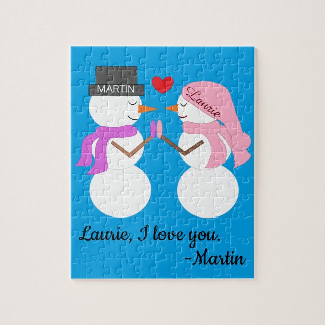 Darling Snowpeople in Love:  Blue-green Christmas Jigsaw Puzzle (Vertical)