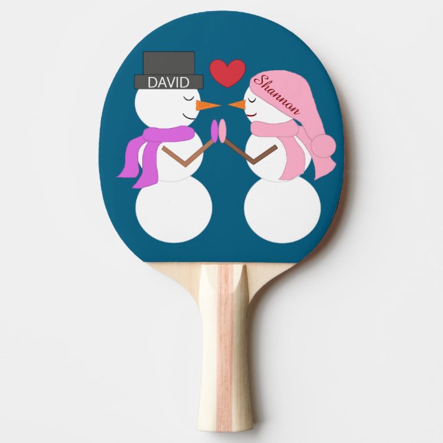 Darling Snowpeople in Love: Deep Sea Blue Ping Pong Paddle (Front)
