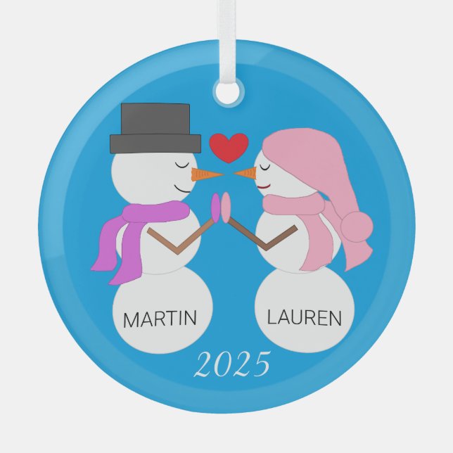 Darling Snowpeople in Love Glass Tree Decoration (Front)