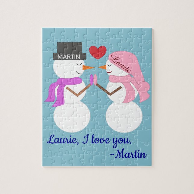 Darling Snowpeople in Love:  Light Blue Christmas Jigsaw Puzzle (Vertical)