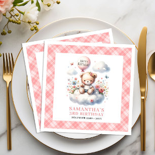 Darling teddy bear balloon blush floral birthday  napkin