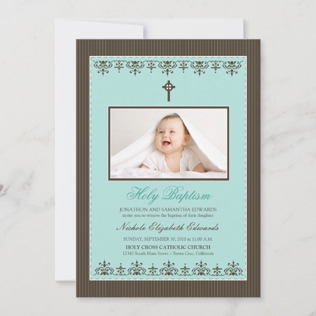 Darling Victorian 5x7" Aqua Baptism Invitation (Front)