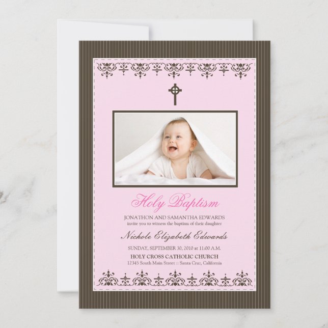 Darling Victorian 5x7" Pink Baptism Invitation (Front)