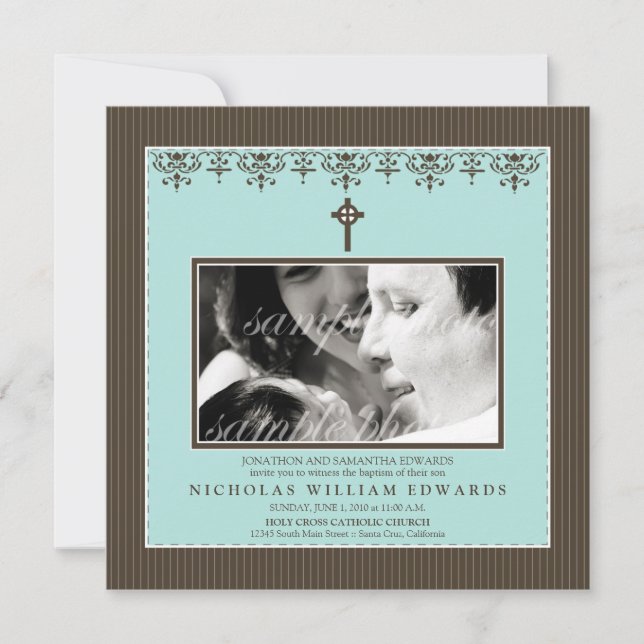 Darling Victorian Aqua Blue Baptism Invitation (Front)