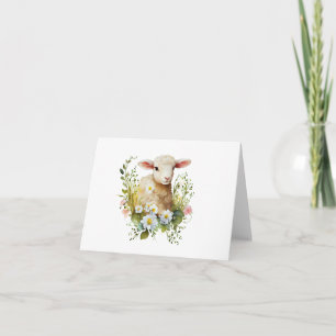 Darling Watercolor Baby Lamb with Flowers BLANK  Card