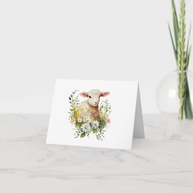 Darling Watercolor Baby Lamb with Flowers BLANK  Card (Front)