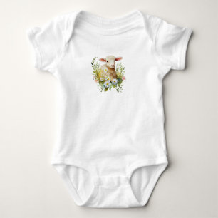 Darling Watercolor Baby Lamb with Flowers  Bodysuit