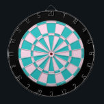 Dart Board: Light Pink, Turquoise, And Black Dartboard<br><div class="desc">Light Pink,  Turquoise,  And Black Coloured Dart Board Game Including 6 Brass Darts</div>