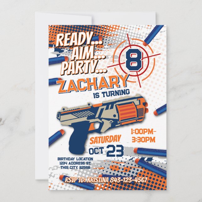 Dart gun birthday invitation (Front)