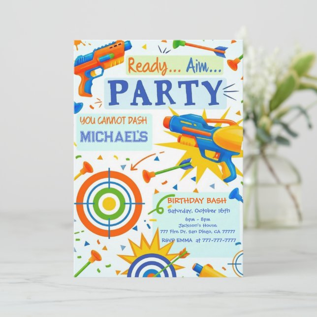 Dart Gun Birthday Invitation (Standing Front)