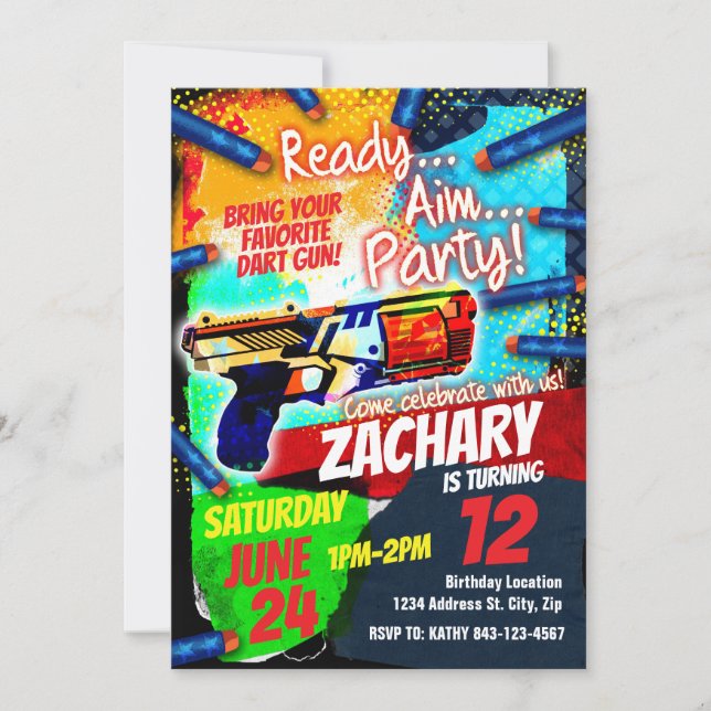 Dart gun birthday invitation, Dart gun war invite (Front)