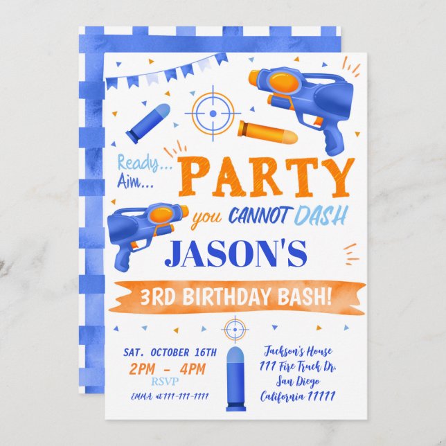 Dart Gun Birthday Invitations (Front/Back)