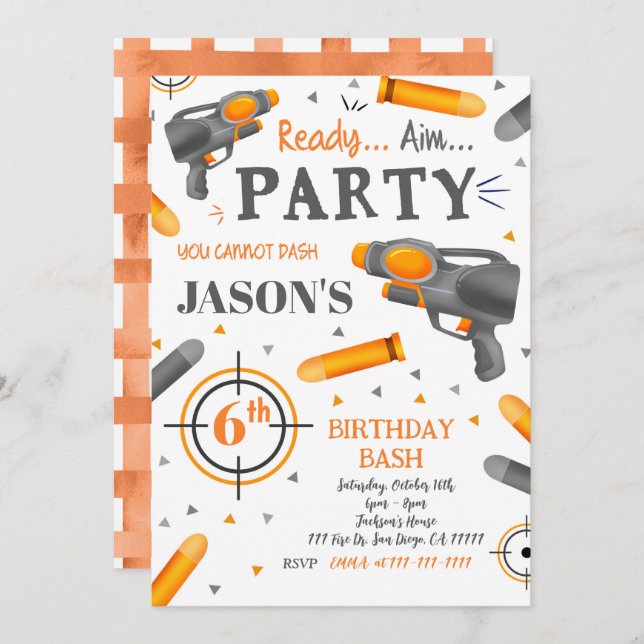 Dart Gun Birthday Invitations (Front/Back)