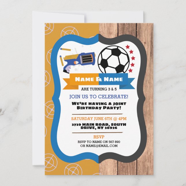 Dart Gun & Football Joint Boy Birthday Soccer  Invitation (Front)