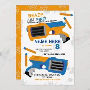 Dart Gun Fun Aim Shoot Blue Birthday Invitation