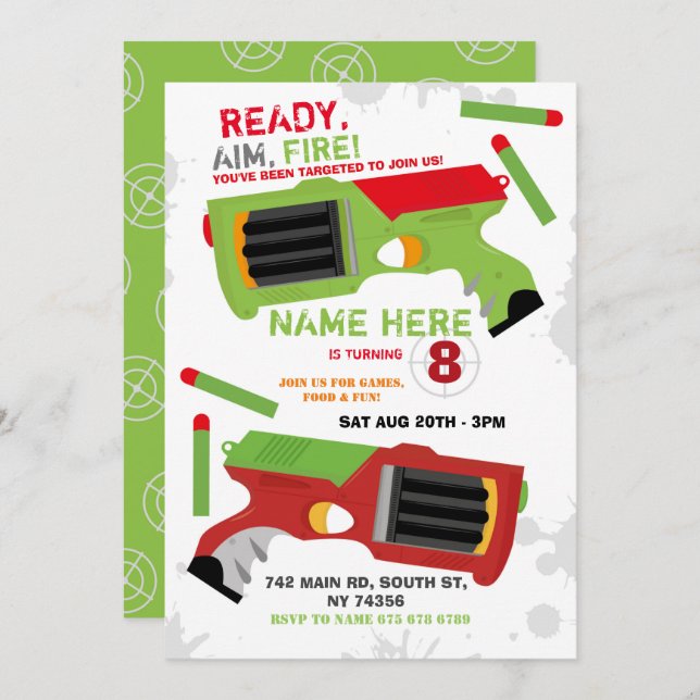Dart Gun Fun Aim Shoot Party Birthday Invitation (Front/Back)