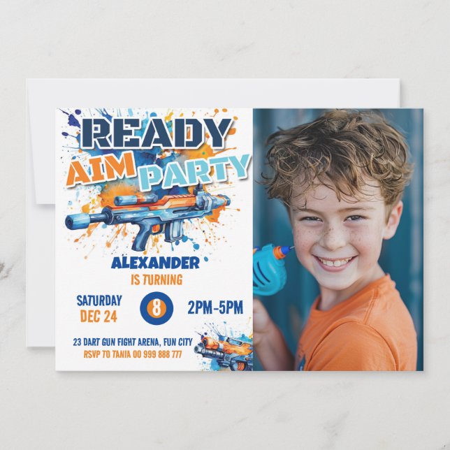 Dart Gun Party Birthday Photo Blue Orange Camo  Invitation (Front)