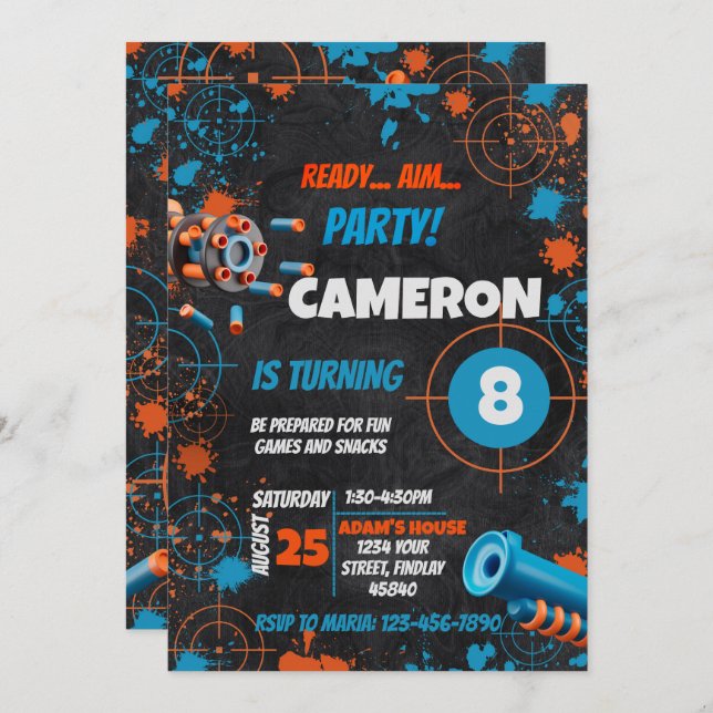 Dart Party Birthday Invitation | Dart Gun (Front/Back)