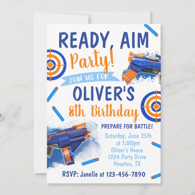Dart Party Birthday Invitation | Dart Gun (Front)