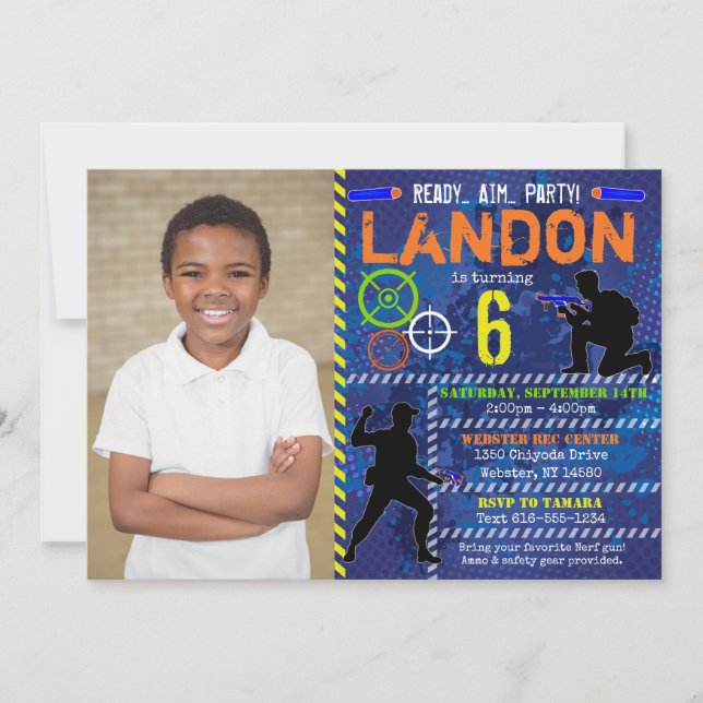 Dart Photo Invite Dart Gun Birthday Party (Front)