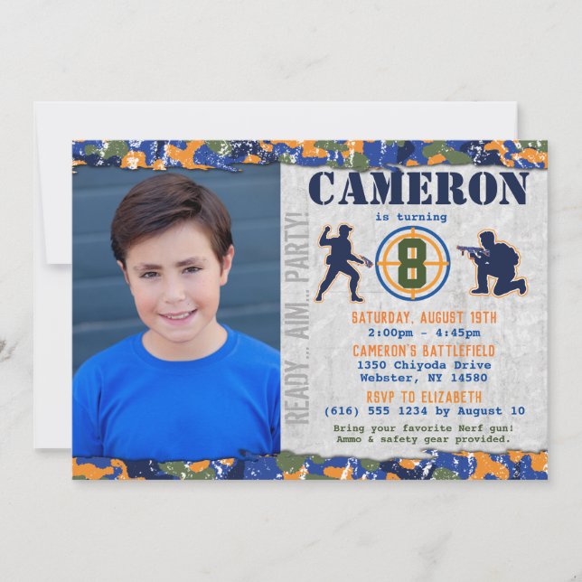 Dart Photo Military Birthday Party Camo Soldiers Invitation (Front)