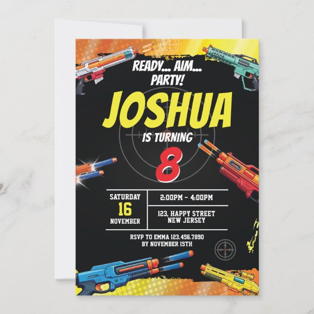 Dart War Game Birthday Invitation. gun game Invite (Front)
