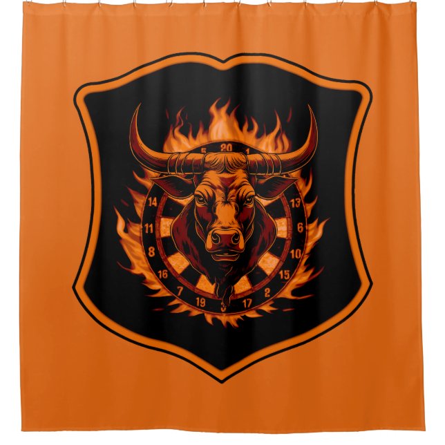 Dartboard Crest with Bull Head and Flames Darts Shower Curtain (Front)