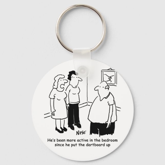 Dartboard in the Bedroom. Funny Cartoon Key Ring (Front)