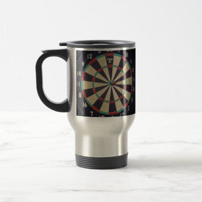 Dartboard With Dart In Bullseye, Travel Mug (Left)