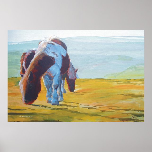 Dartmoor miniature ponies painting misty landscape poster (Front)