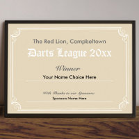 Darts Competition Winner's Certificate Poster
