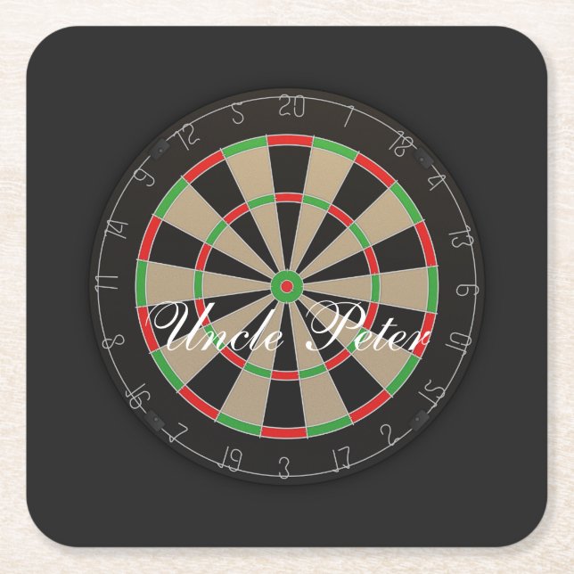 Darts Dartboard Monogram Name Square Paper Coaster (Front)