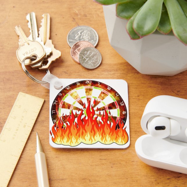 Darts, fire in the game on the dart board key ring (Desk)