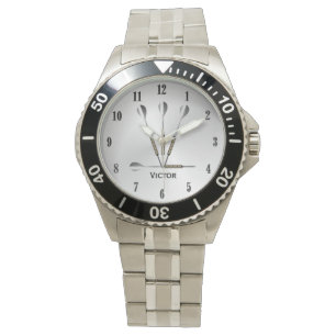 Darts Silver Personalised Name Black Numbers Watch