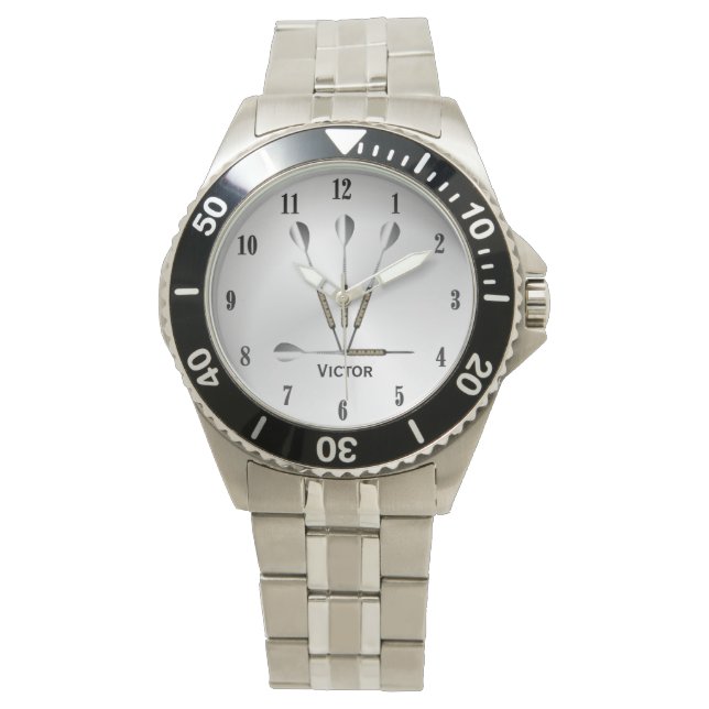 Darts Silver Personalised Name Black Numbers Watch (Front)
