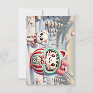 Daruma and Puppy Love in Winter - Greeting Card