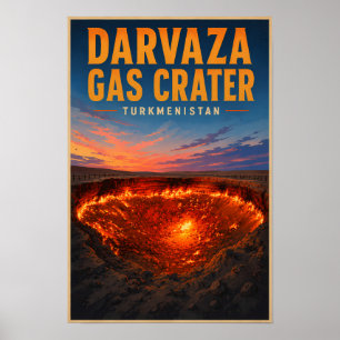 Darvaza Gas Crater Turkmenistan Illustration Retro Poster