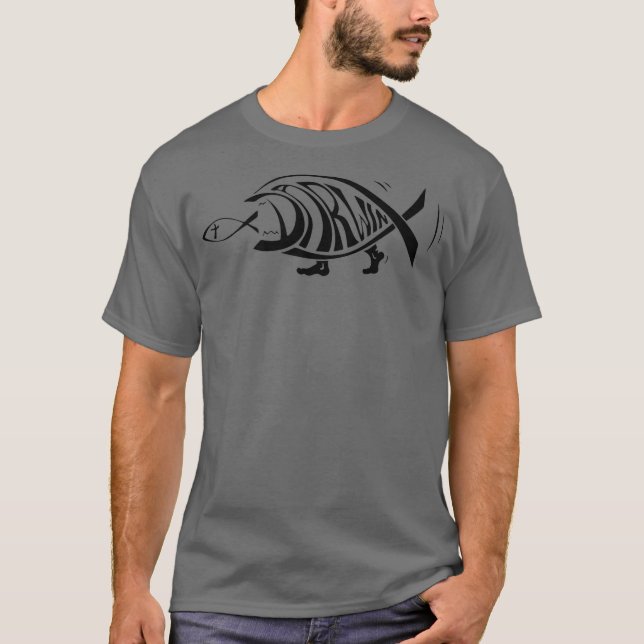 Darwin Fish Eating Jesus Fish Funny Evolution T-Shirt (Front)