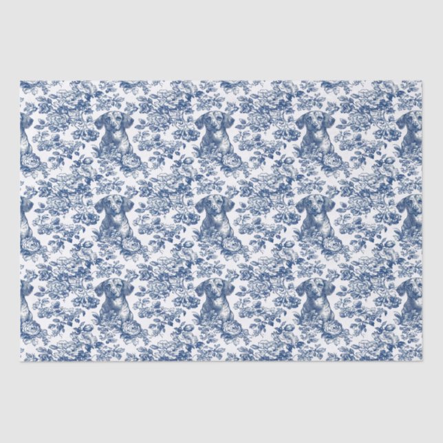 Daschund Dog Blue Toile Pattern Tissue Paper (Front)
