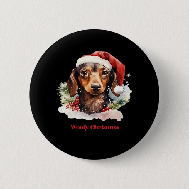 Daschund Dog Christmas Santa Hat Xmas Light Woofy  6 Cm Round Badge (Front)