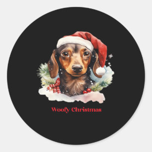 Daschund Dog Christmas Santa Hat Xmas Light Woofy Classic Round Sticker