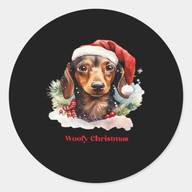 Daschund Dog Christmas Santa Hat Xmas Light Woofy  Classic Round Sticker (Front)