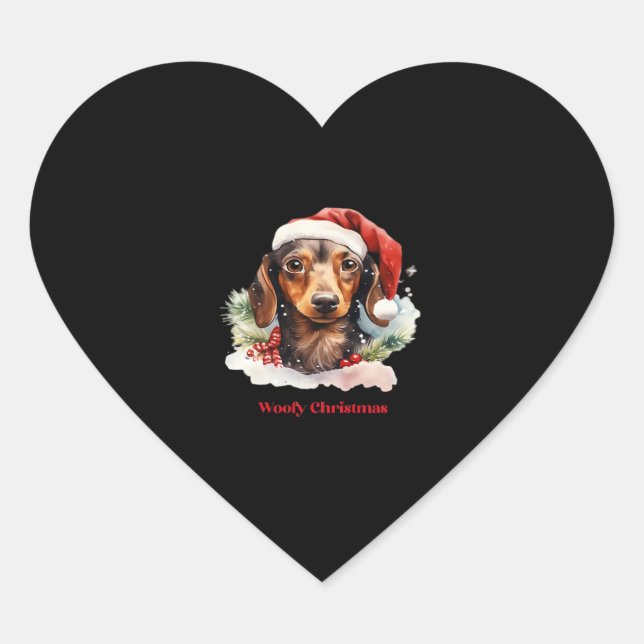 Daschund Dog Christmas Santa Hat Xmas Light Woofy  Heart Sticker (Front)