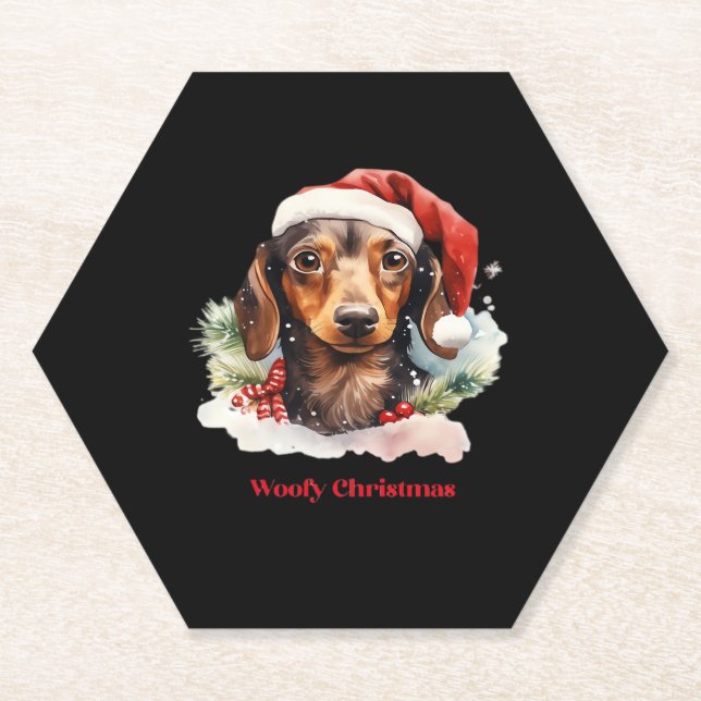Daschund Dog Christmas Santa Hat Xmas Light Woofy  Paper Coaster (Front)
